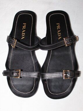 NWOB PRADA Two Double Buckle Strap Flat Sandals Black Leather 39.5